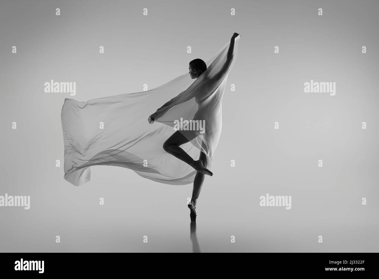 Black and white portrait of graceful ballerina dancing with fabric