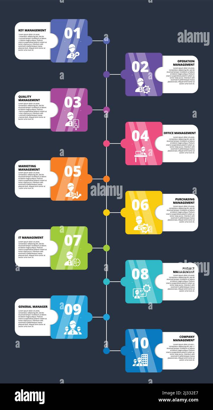 Infographic Company Management template. Icons in different colors ...