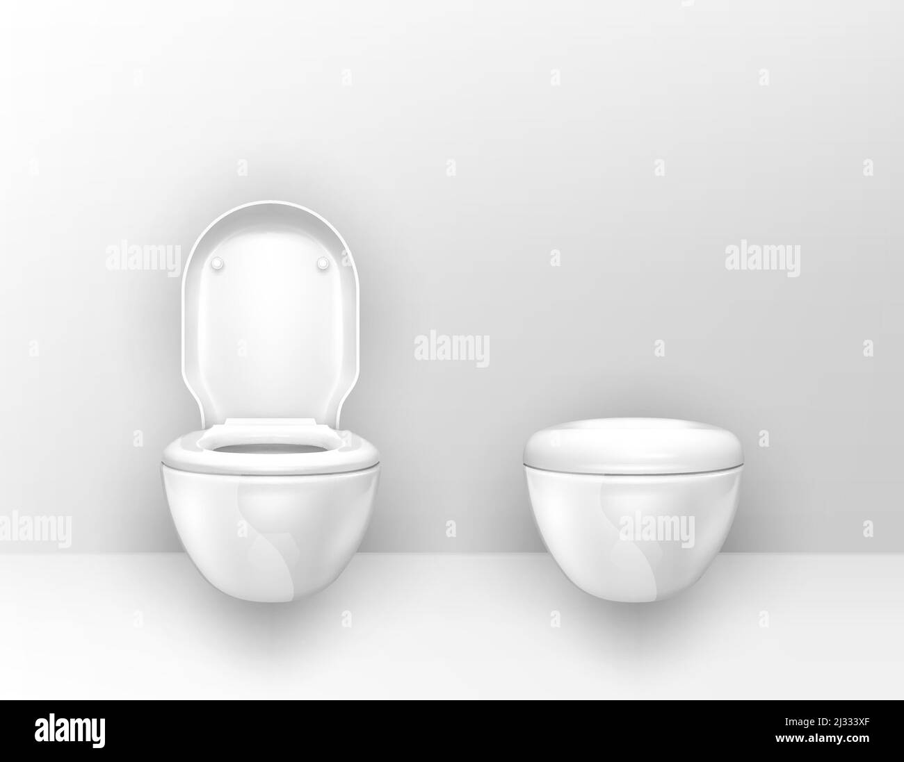 Toilet bowls mounted on wall in WC. Vector realistic interior of empty restroom, modern lavatory with suspended white ceramic toilets with open and cl Stock Vector