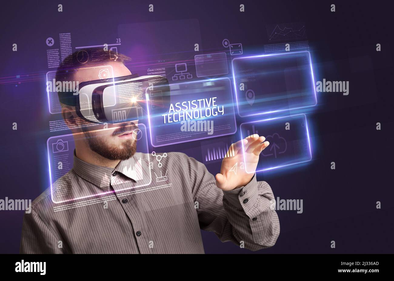 Businessman looking through Virtual Reality glasses, tech concept Stock Photo