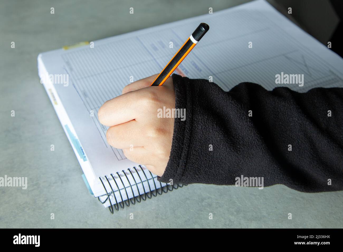 Woman writing in a notebook with a pen Stock Photo