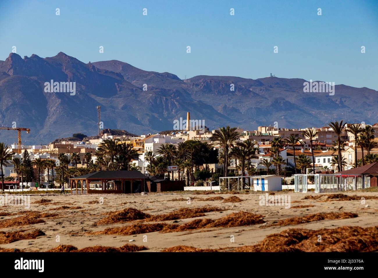 Garrucha Town Beach with Mountain Range in Background Stock Photo