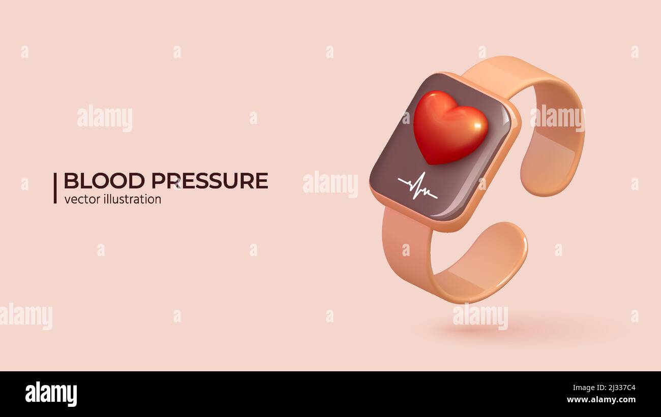 Blood pressure concept. 3D render of pink wireless smart watch with red heart. Arterial pressure measuring or checking apps. Vector realistic illustration in cartoon minimal style. Stock Vector