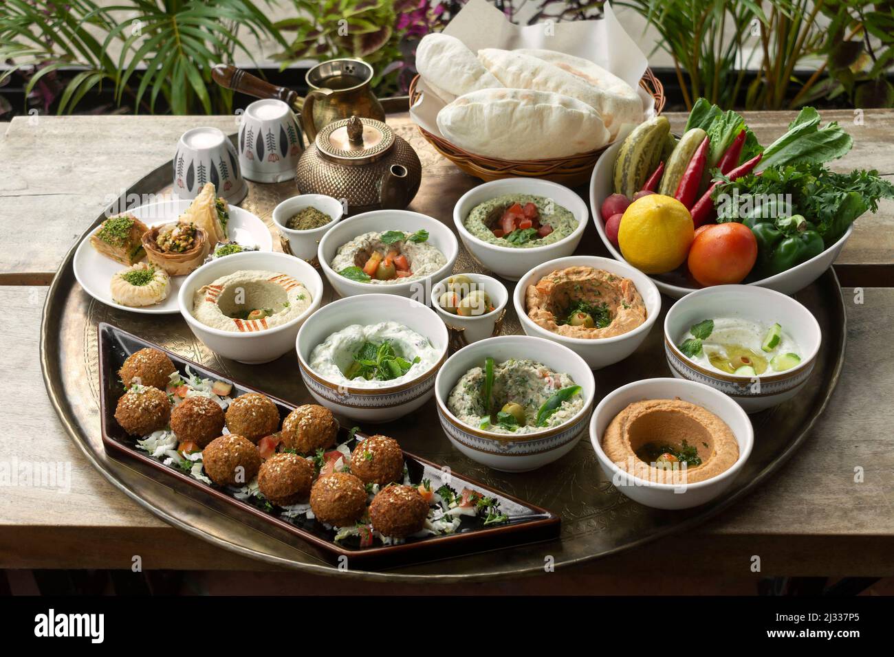 mixed middle eastern meze vegetarian food sharing platter in istanbul turkish restaurant Stock Photo