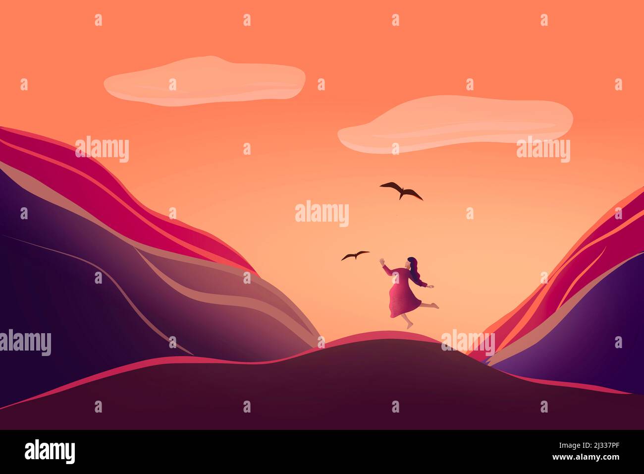 illustration of a girl is wandering in the nature. silhouette of young female in the mountains against the sunset. High quality illustration Stock Photo