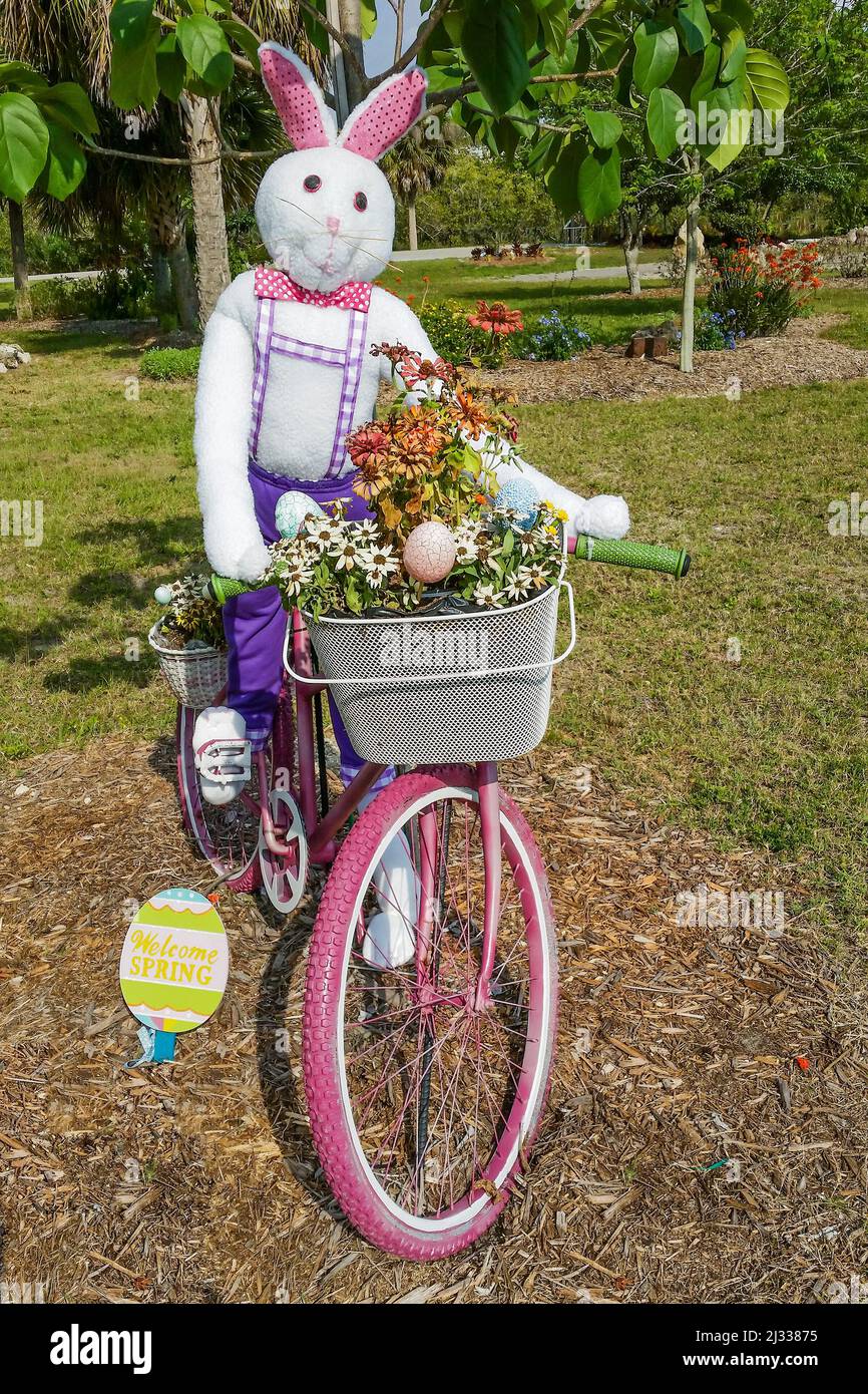 spring decoration, outdoor, large rabbit, bicycle, flowers, basket ...