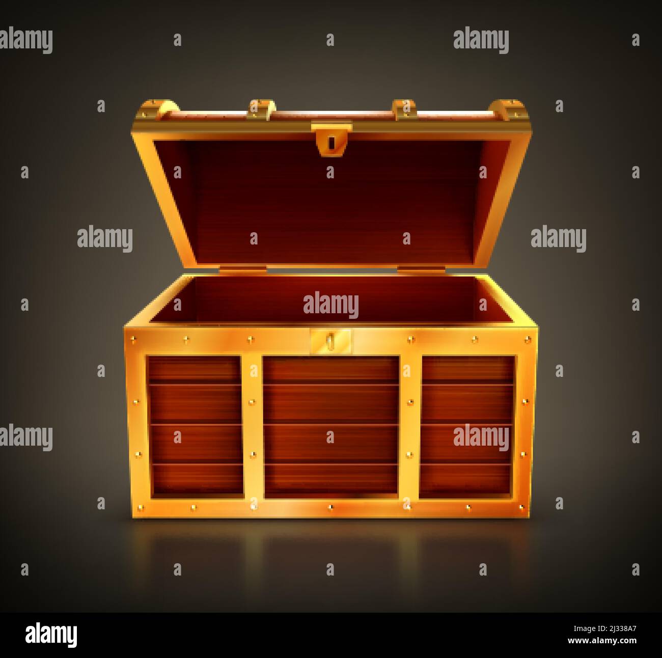 Treasure chest, empty wooden box, open casket with golden details and keyhole. Old trunk for gold or jewelry, pc game item, design element isolated on Stock Vector