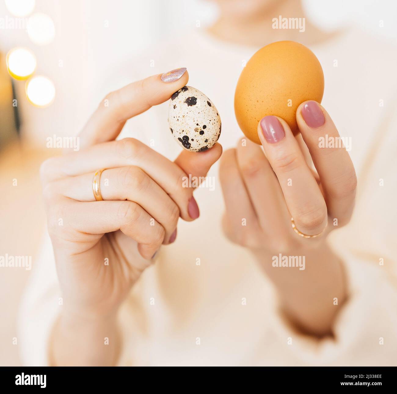 Woman holds chicken and quail eggs in her hands. Protein in food, concept of healthy food, vitamins and nutrients Stock Photo