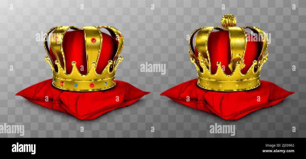 Gold royal crown for king and queen on red pillow. Vector realistic luxury golden corona with gems, medieval diadem for prince, princess or emperor on Stock Vector