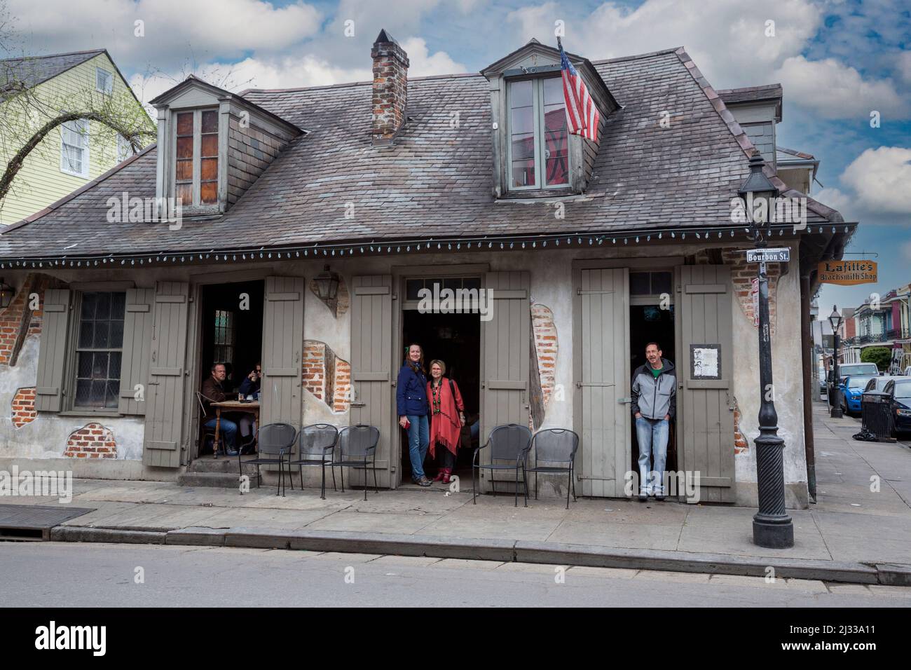 French Quarter, New Orleans, Louisiana.  Jean Lafitte's Blacksmith Shop Bar, Bourbon Street.  Built between 1722-32. Stock Photo