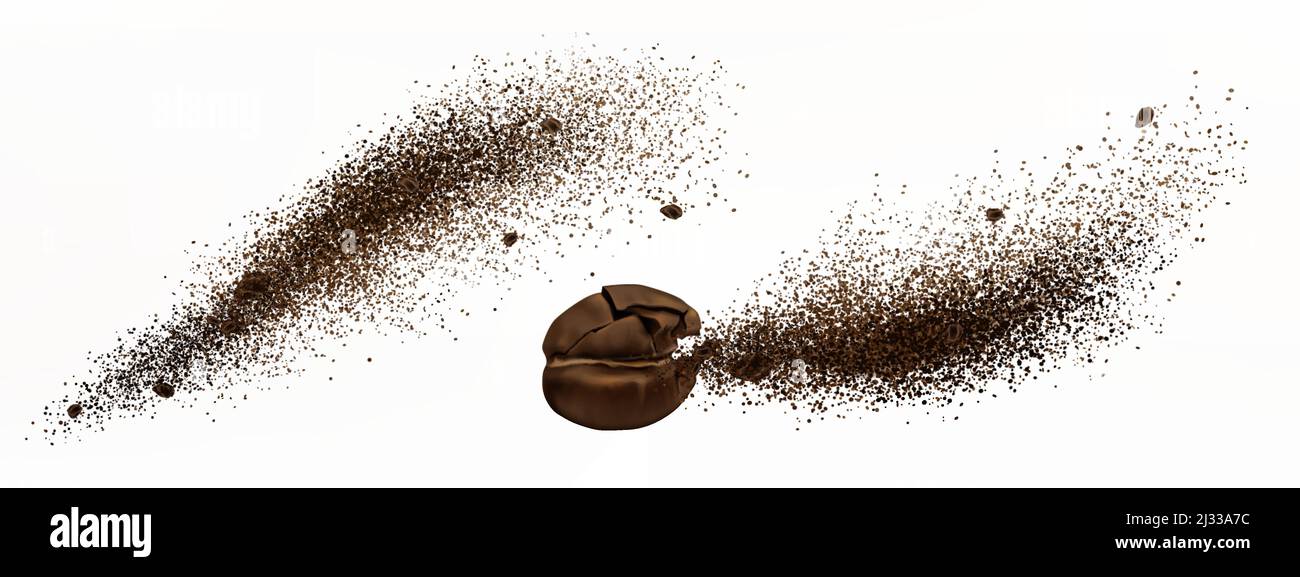 Coffee explosion, realistic cracked bean and ground powder burst with