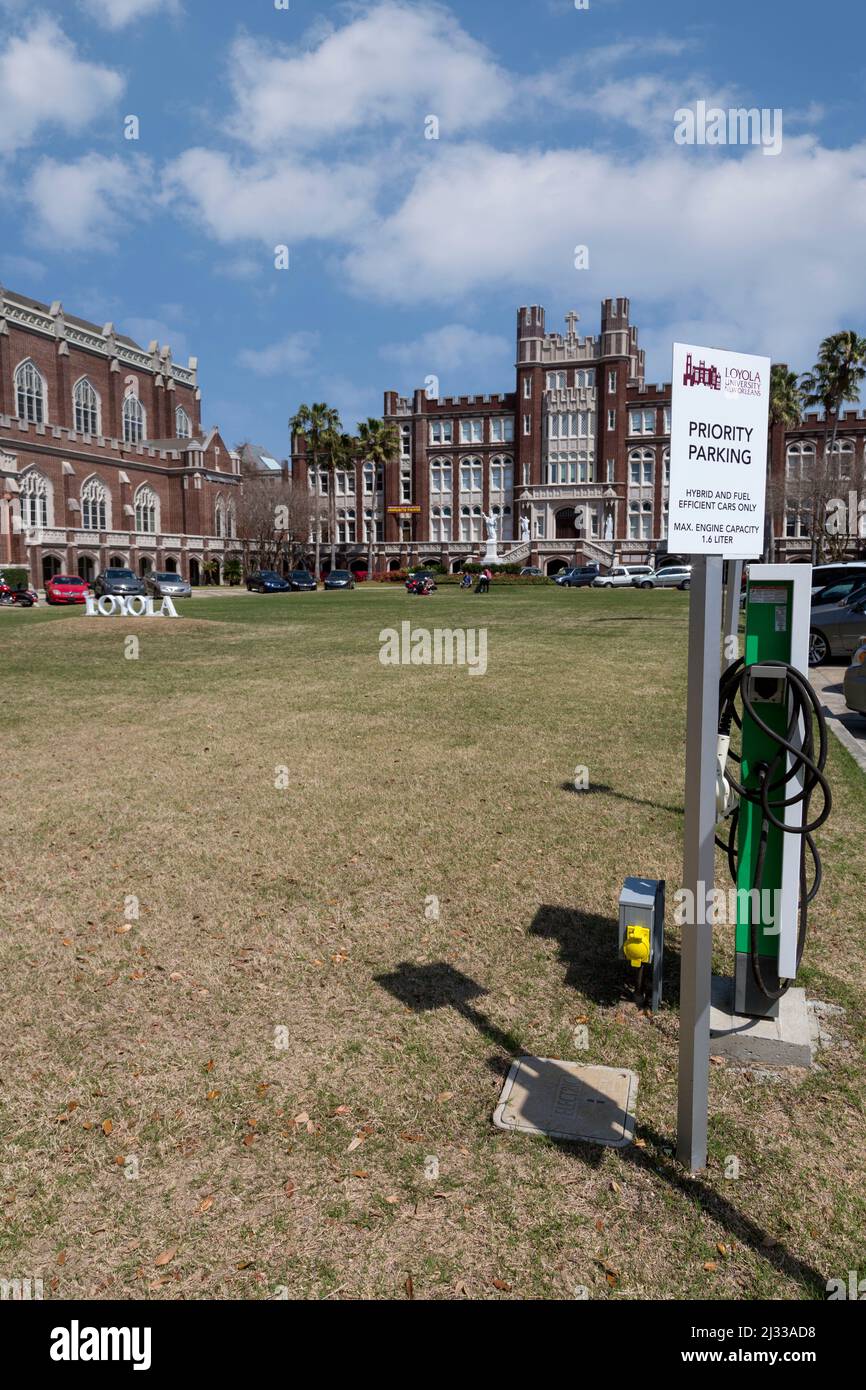 New Orleans, Louisiana. Parking Reserved for Fuel-efficient Hybrid and Electric Cars, Loyola University.  Battery Re-charging Station. Stock Photo