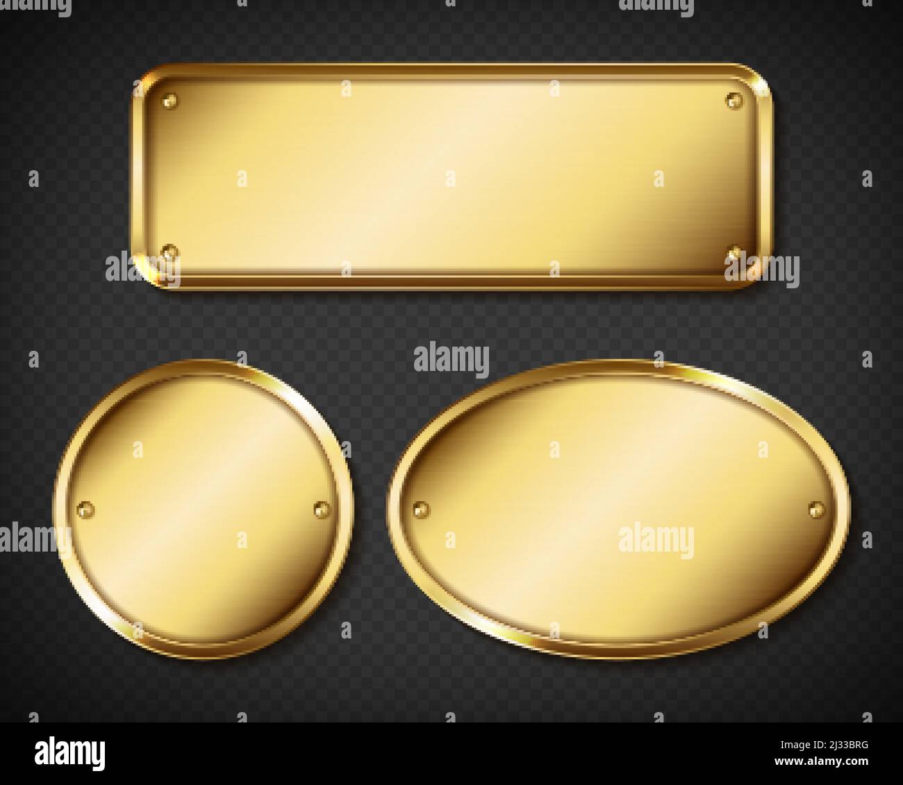 Gold or brass plates, golden name plaques empty mockup. Metal
