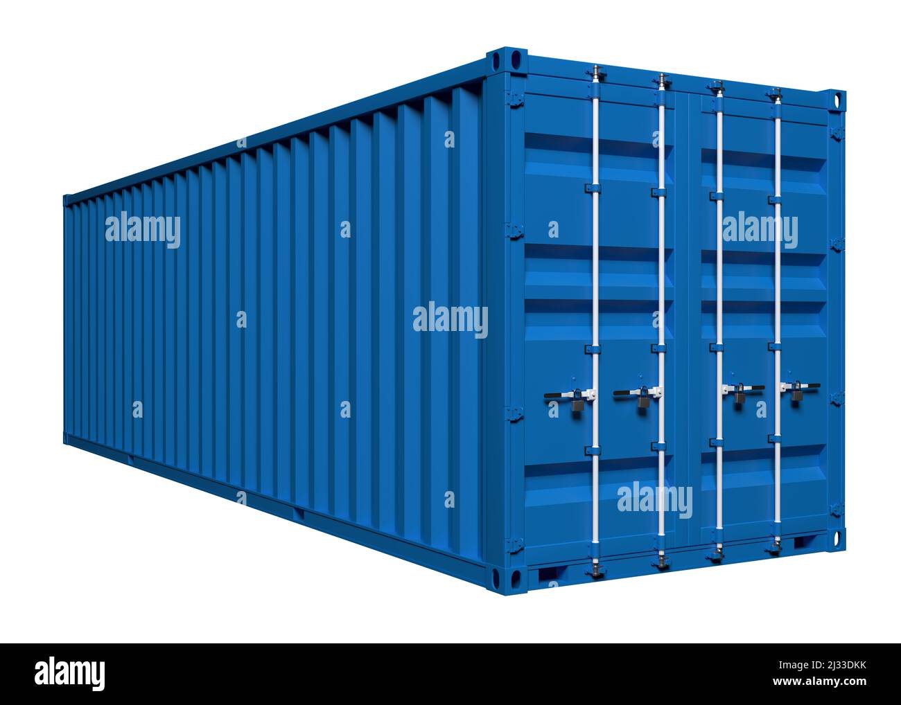 A large metal container closed with locks for transporting cargo by sea