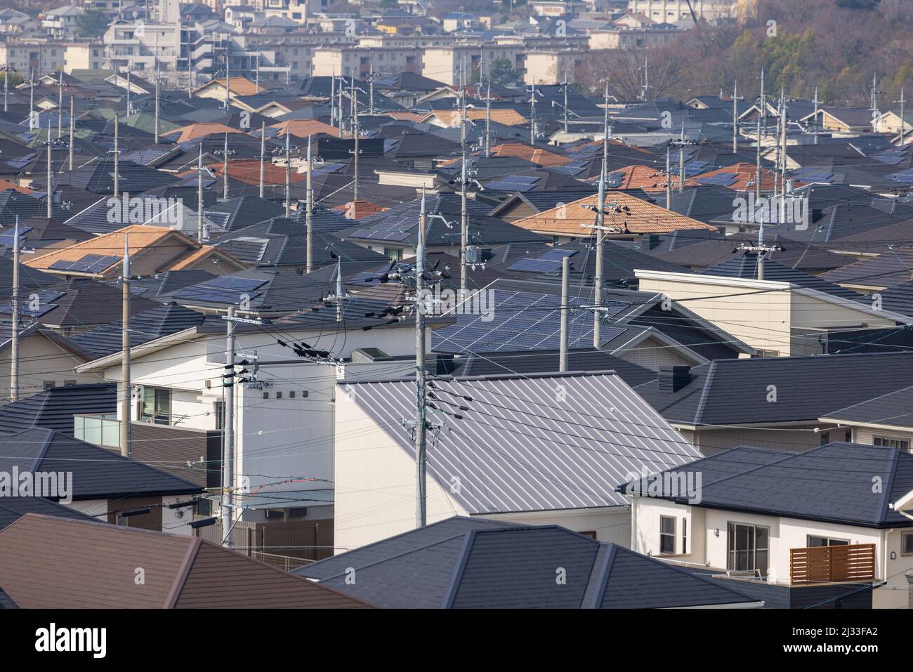 Slanted roofs and electrical poles in suburban landscape Stock Photo