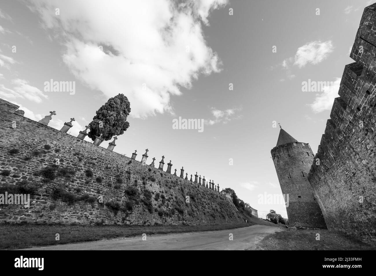Carcassonne Medieval Citadel East Side Towers and Cemetary Walls View in Black and White Stock Photo