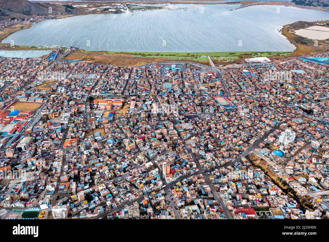 Top-down view of Puno town in Peru Stock Photo