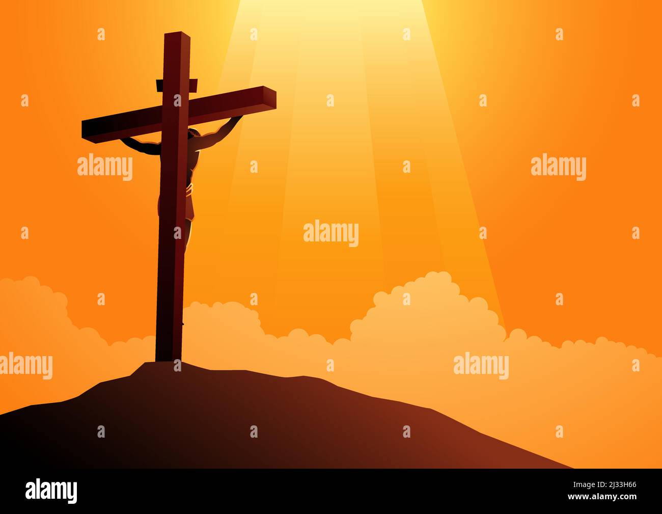 Biblical vector illustration series, back view of Jesus on the cross wearing a crown of thorns Stock Vector