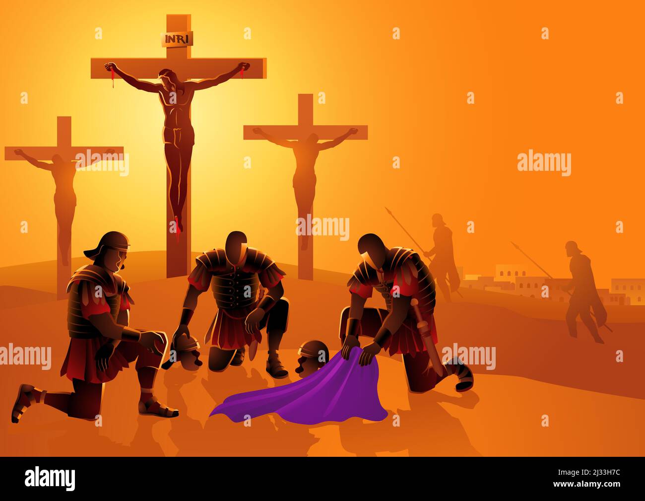 Biblical vector illustration series, Roman soldiers gambling for Christ’s clothes Stock Vector
