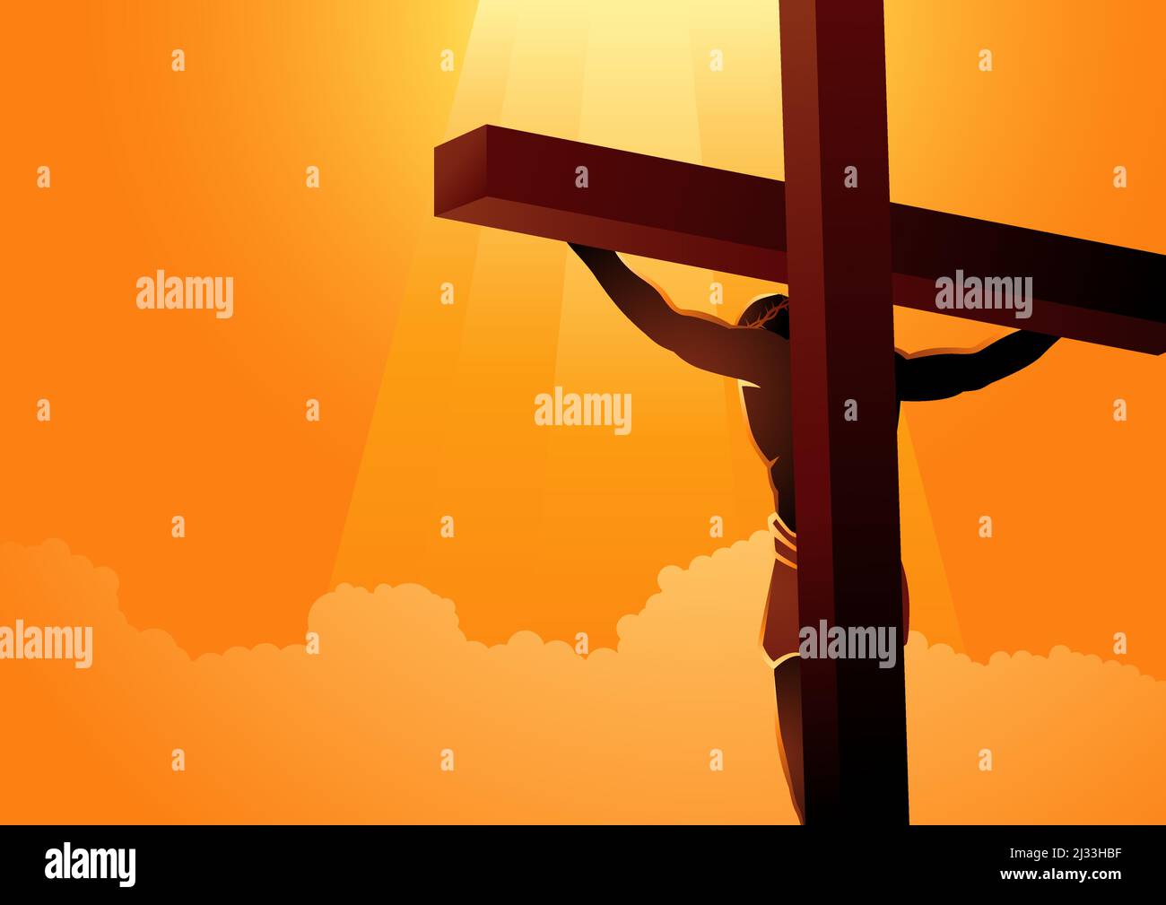 Biblical vector illustration series, back view of Jesus on the cross wearing a crown of thorns Stock Vector