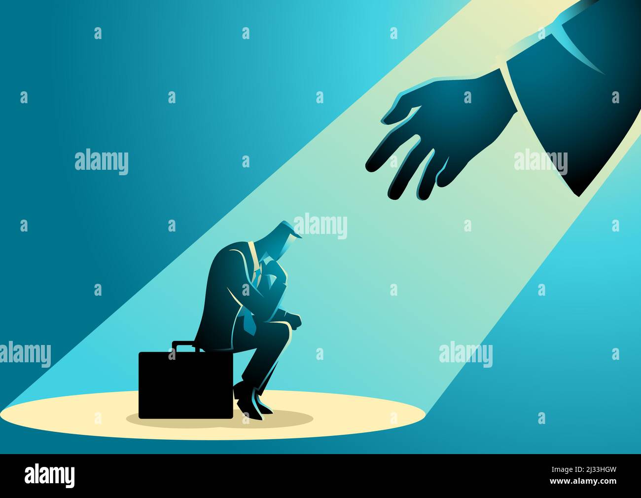 Sadly Reaching Illustration of a businessman sitting on suitcase sadly and hand ...