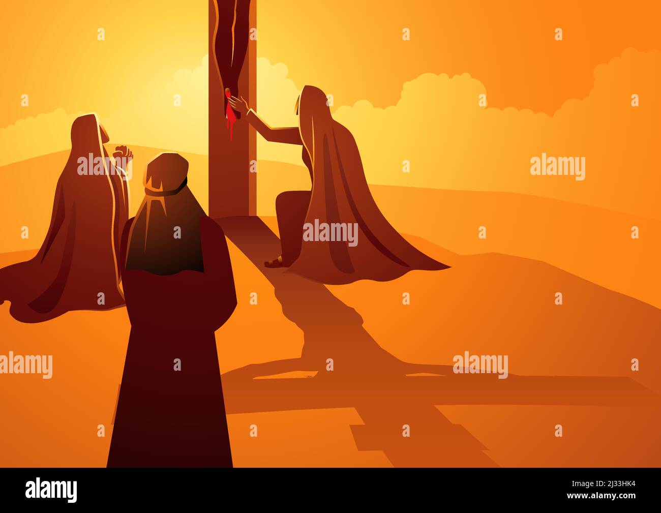 Way of the Cross or Stations of the Cross, twelfth station. Mary the Mother of Jesus, John the beloved disciple and Mary Magdalene Stock Vector