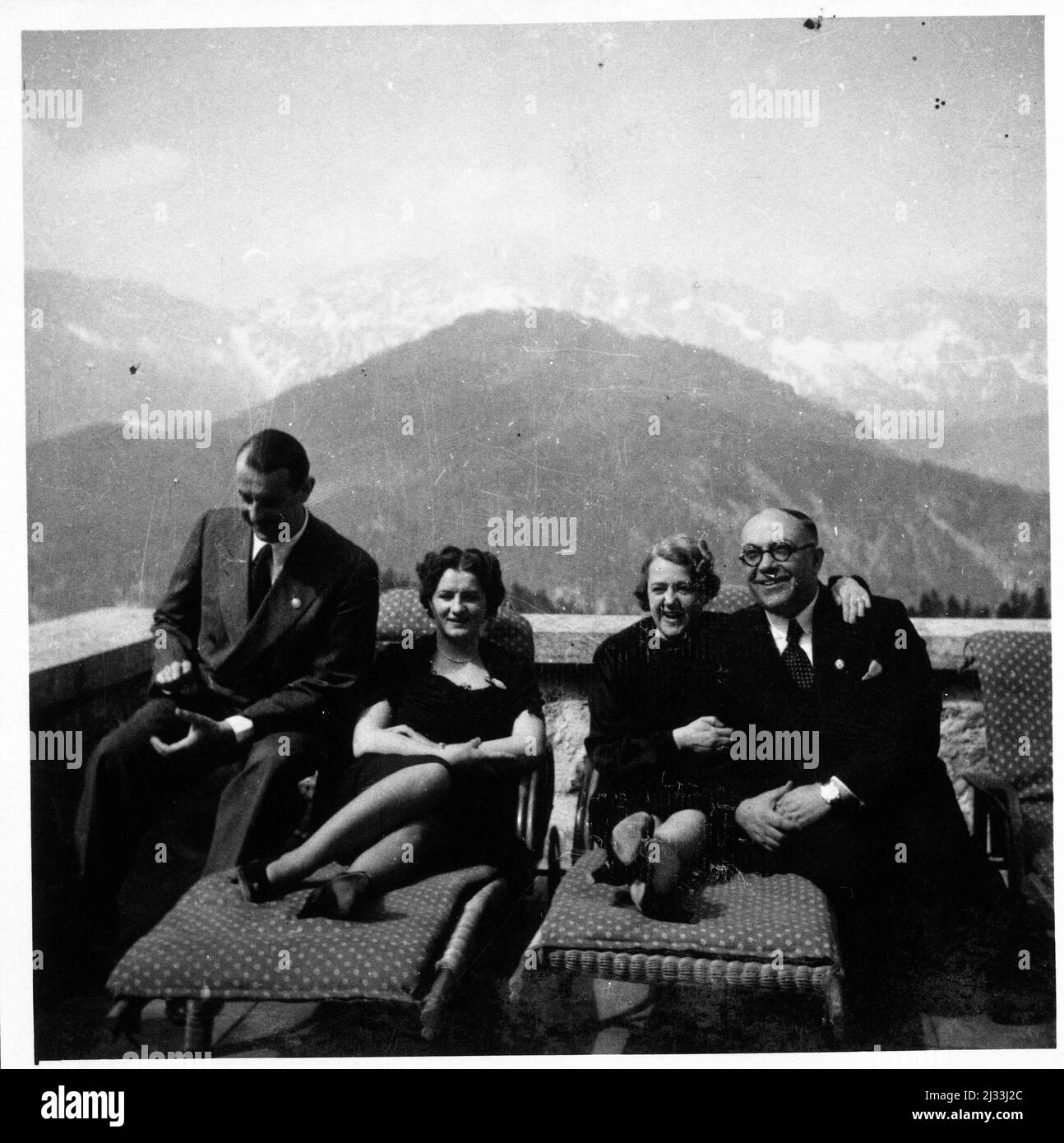 Pfingsten, Berghof., Berchtesgaden, Germany. Eva Braun's Photo Albums, ca. 1913 - ca. 1944. These albums are attributed to Eva Braun (four are claimed by her friend Herta Schneider, nee Ostermeyer) and document her life from ca. 1913 to 1944. There are many photographs of Eva, her sisters and their children, Herta Schneider and her children, as well as photographs of Eva's vacations, family members and friends. Included also are photographs taken by and of Eva Braun at Hitler's chalet Berghof (or Kehlstein), photographs of Hitler and his entourage, visitors to Berghof and the scenery around Be Stock Photo