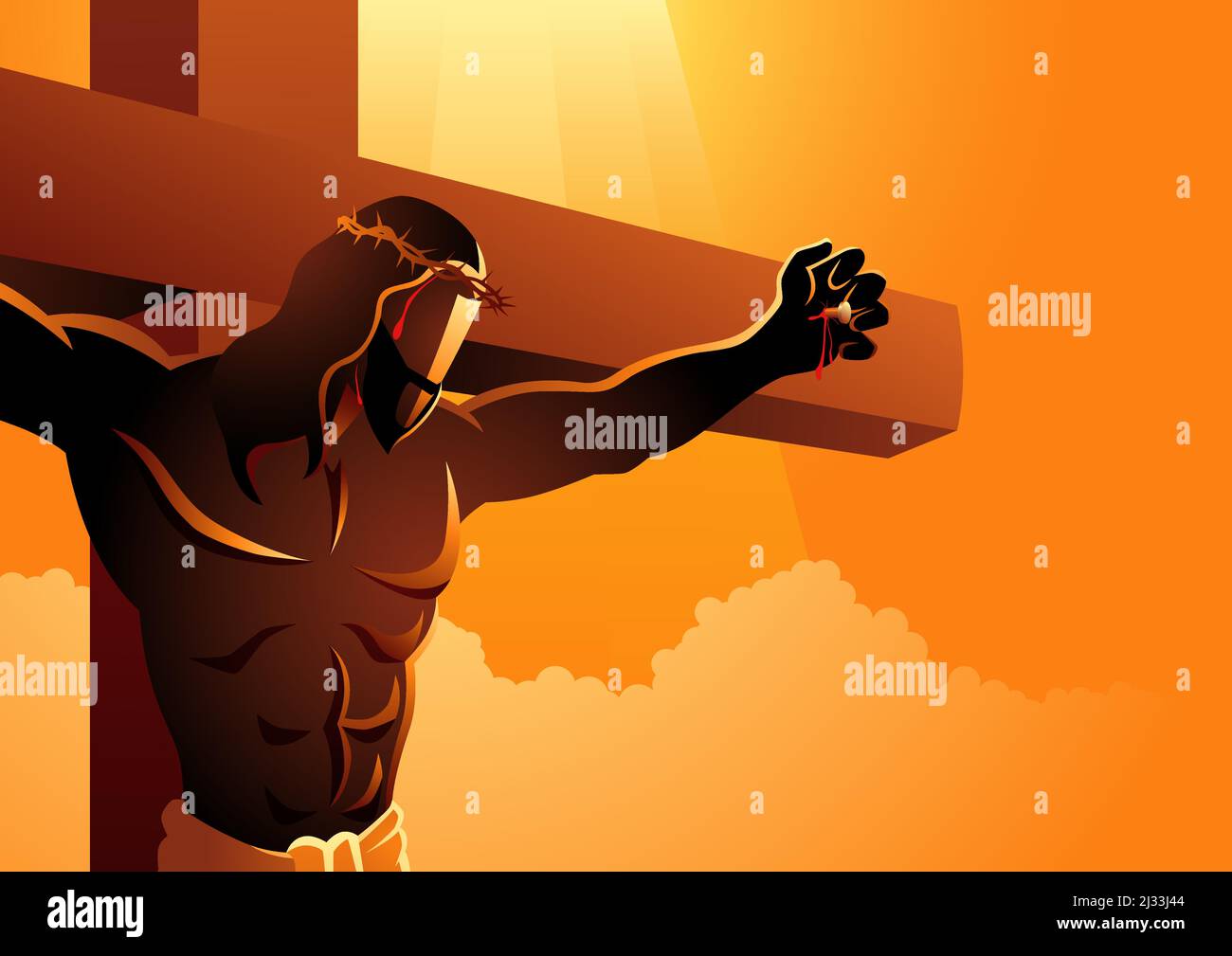 Biblical vector illustration series, close up of Jesus on the cross wearing a crown of thorns Stock Vector