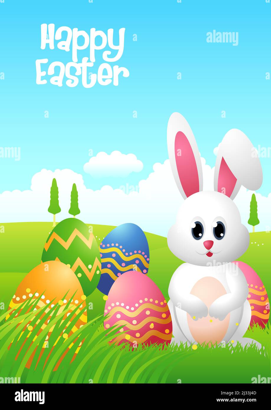 Simple flat vector illustration of a cute bunny with Easter eggs on ...