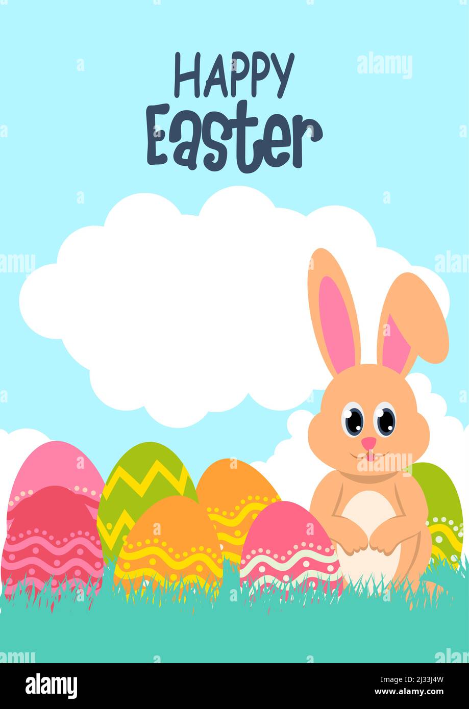 Simple flat vector illustration of a cute bunny with Easter eggs Stock Vector