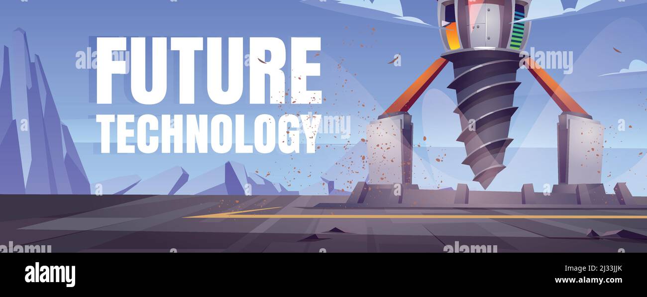 Future technology cartoon banner with futuristic drilling rig, drill ship for exploration and mining. Landscape with platform and derrick with auger, Stock Vector