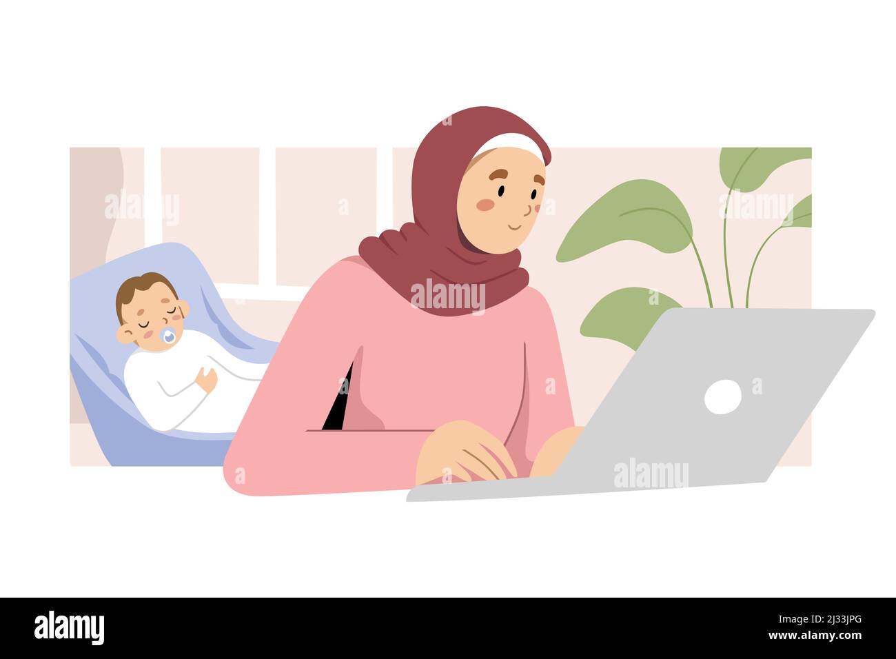 Muslim mother freelancer working at home office using laptop while her baby is sleeping, small business or remote freelance job concept, vector art Stock Vector