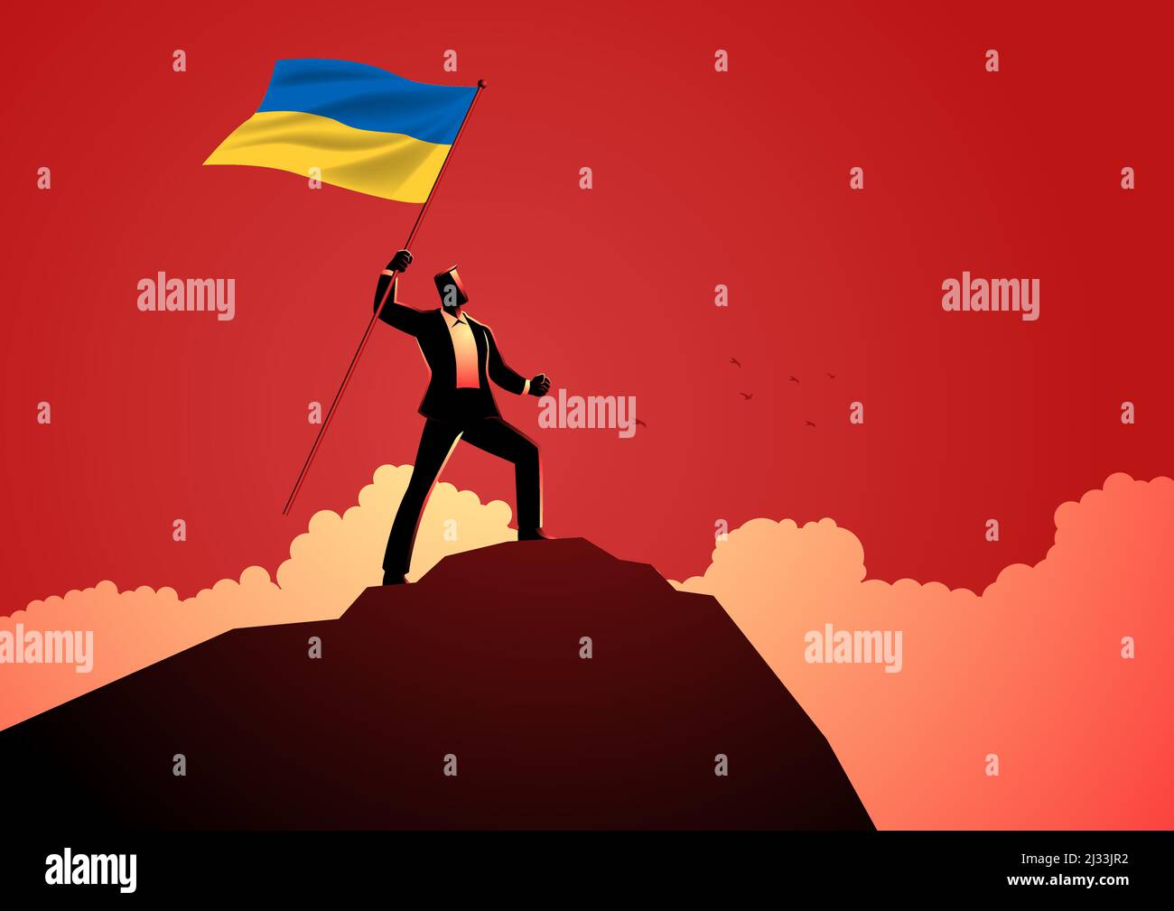 Man standing on top of a mountain holding a flag hi-res stock ...