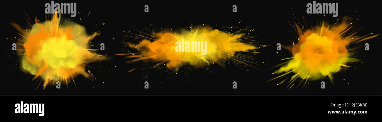 Powder Holi paints orange, gold, yellow explosion clouds, ink splashes, decorative vibrant dye for festival isolated on black background, traditional Stock Vector