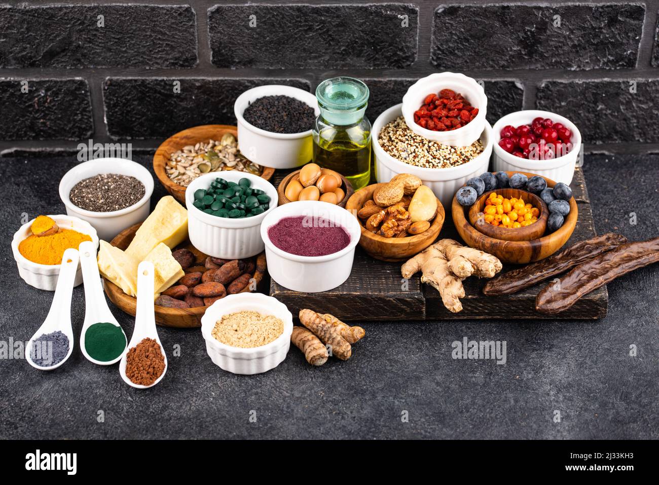 various-superfoods-and-healthy-food-supplement-stock-photo-alamy