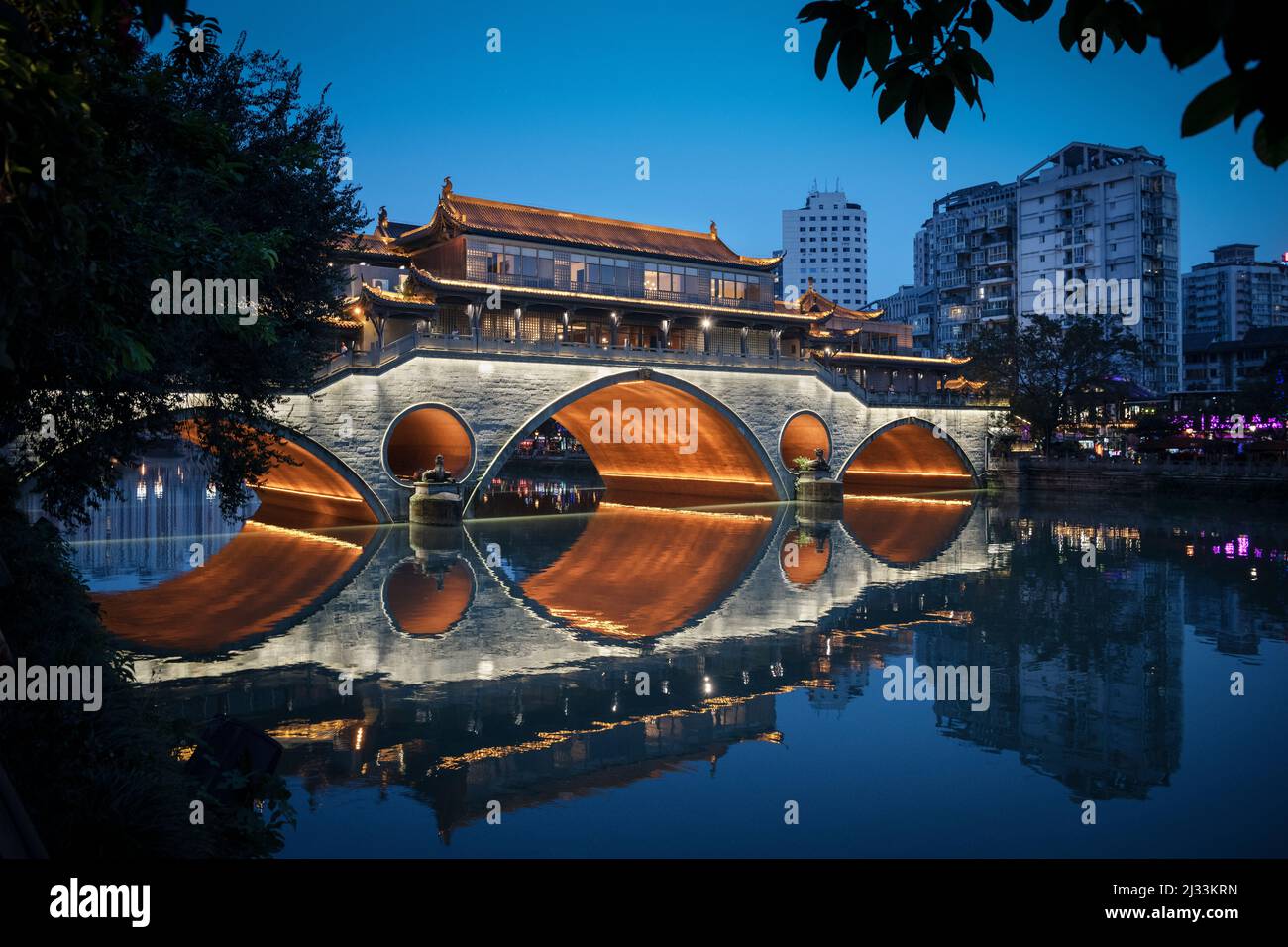 illuminated Ashun Bridge, Chengdu, Jin River, Sichuan Province, China, Asia Stock Photo