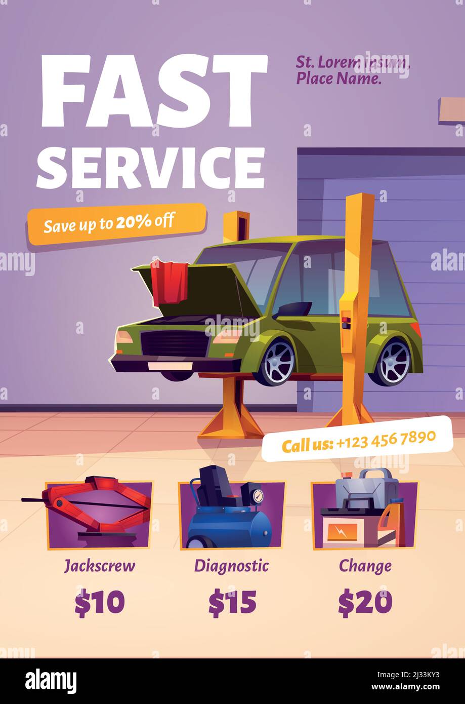 Fast car service poster. Flyer of auto maintenance, diagnostic and repair center with prices and contacts. Vector cartoon interior of mechanic garage, Stock Vector