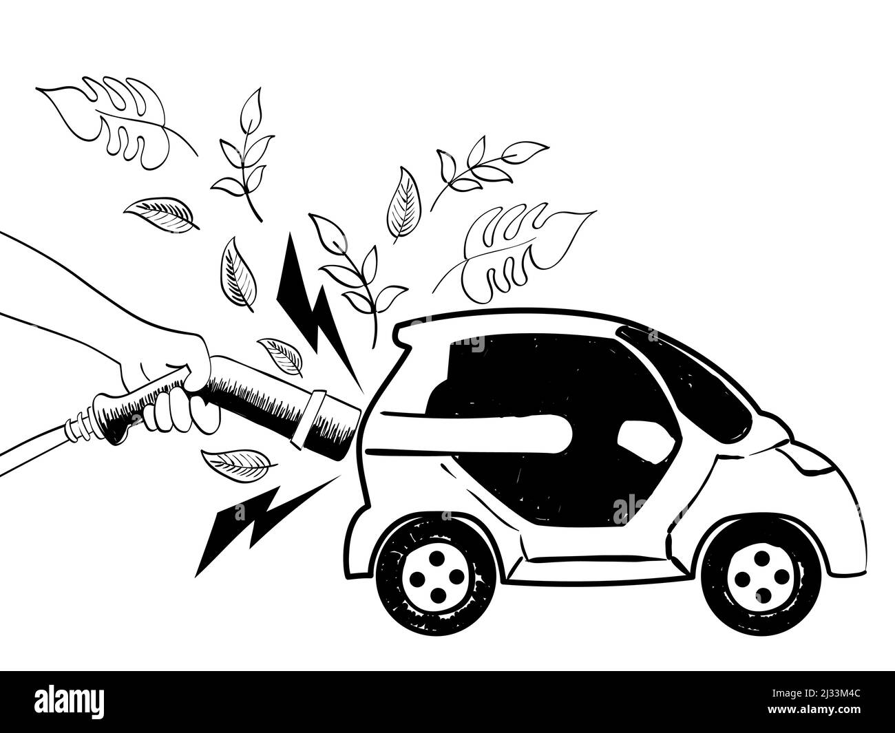 Sketch of hand holding a power cable supply to charging electric car, concept for alternative or renewable energy Stock Vector