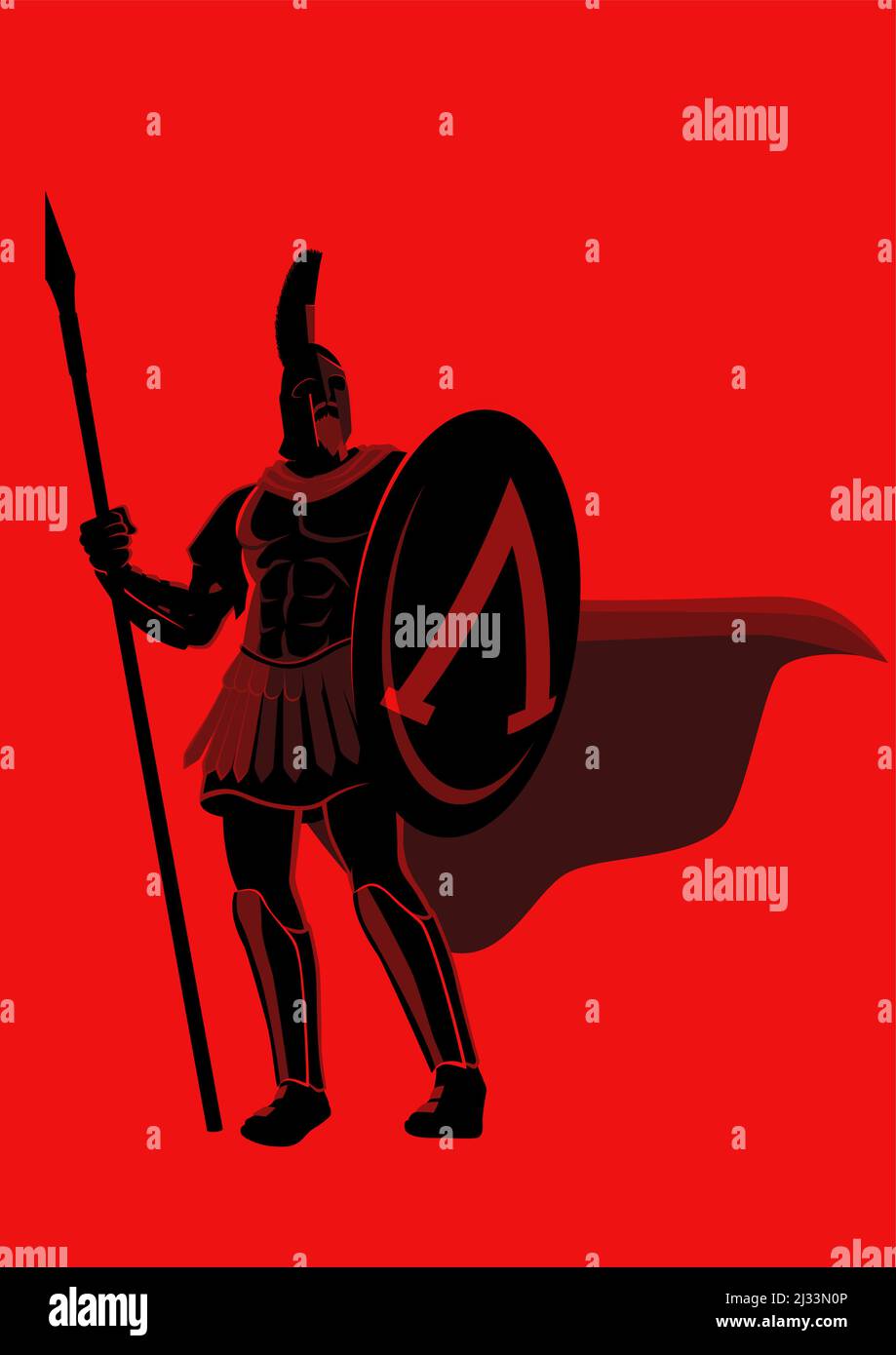 Simple flat vector illustration of spartan warrior wearing helmet and red cloak, Leonidas fantasy illustration Stock Vector