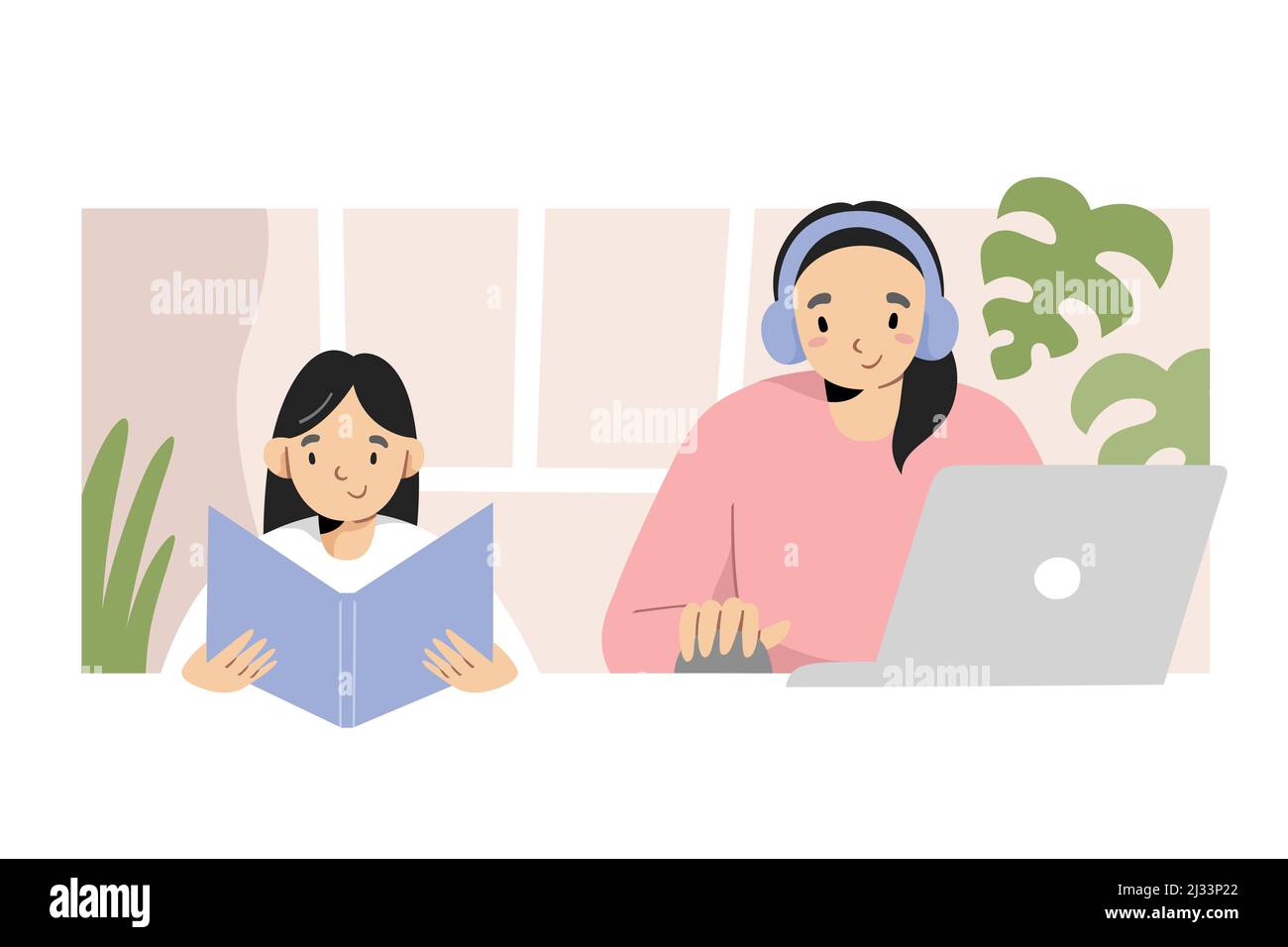Mother freelancer working at home using laptop, wearing headphones while her daughter doing homework, home schooling concept, remote job concept Stock Vector