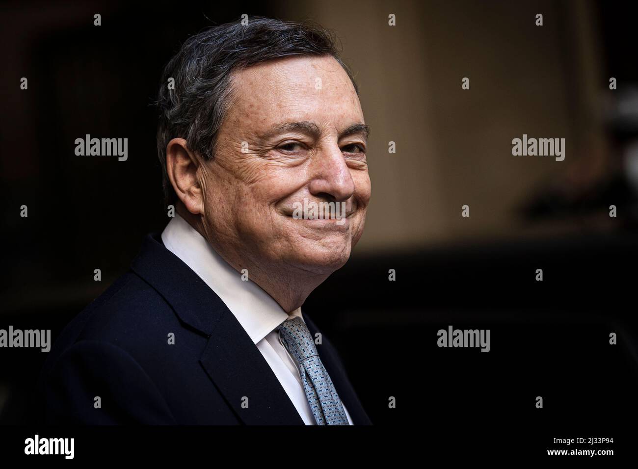 Turin, Italy. 05 April 2022. Prime Minister of Italy Mario Draghi smiles during his visit to Turin where he signed the so called 'Patto per Torino'. The municipality of Turin will receive from the Italian government over one billion euros over 20 years. Credit: Nicolò Campo/Alamy Live News Stock Photo