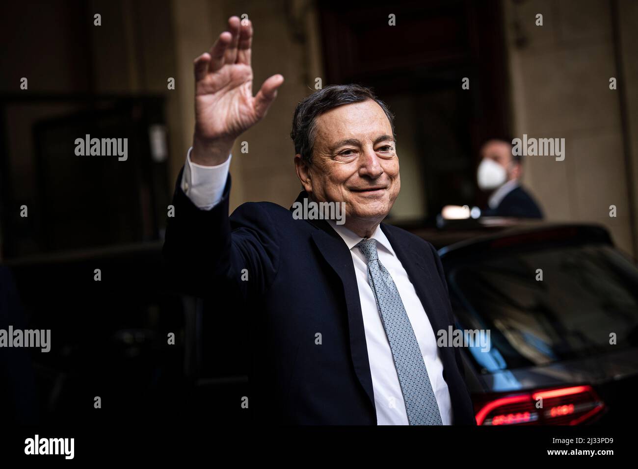 Turin, Italy. 05 April 2022. Prime Minister of Italy Mario Draghi gestures during his visit to Turin where he signed the so called 'Patto per Torino'. The municipality of Turin will receive from the Italian government over one billion euros over 20 years. Credit: Nicolò Campo/Alamy Live News Stock Photo