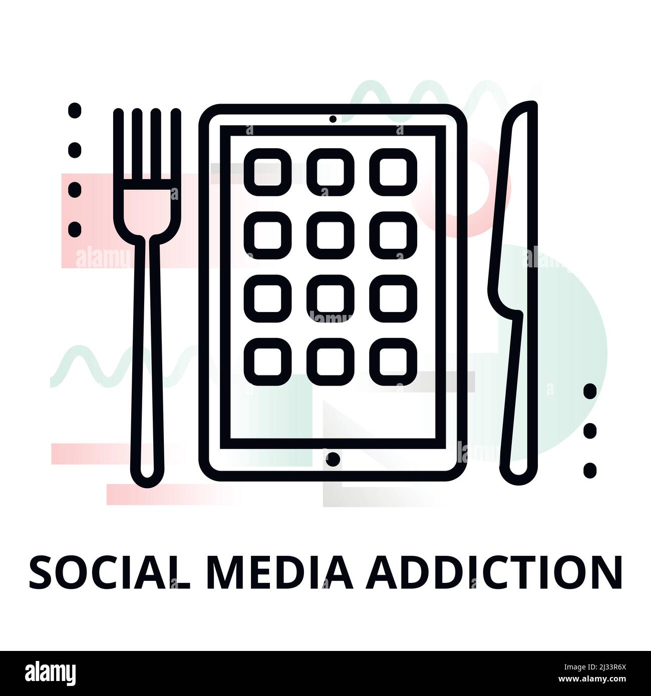 Modern flat thin line design vector illustration, concept of social media addiction on abstract background, for graphic and web design Stock Vector