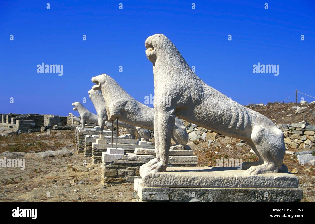 The Terrace of the Lions at neighbour island of Myconos in Delos, Cyclades, Greece, Europe Stock Photo