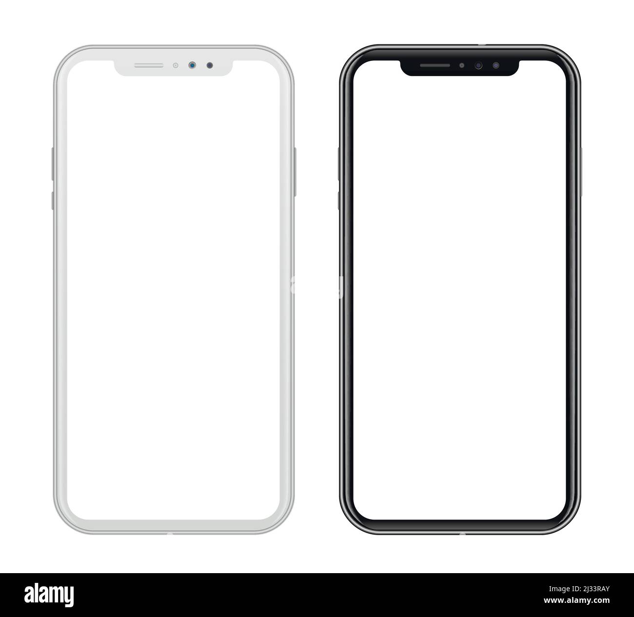 White and black smart phones in front side on white background. Realistic vector illustration, for graphic and web design Stock Vector