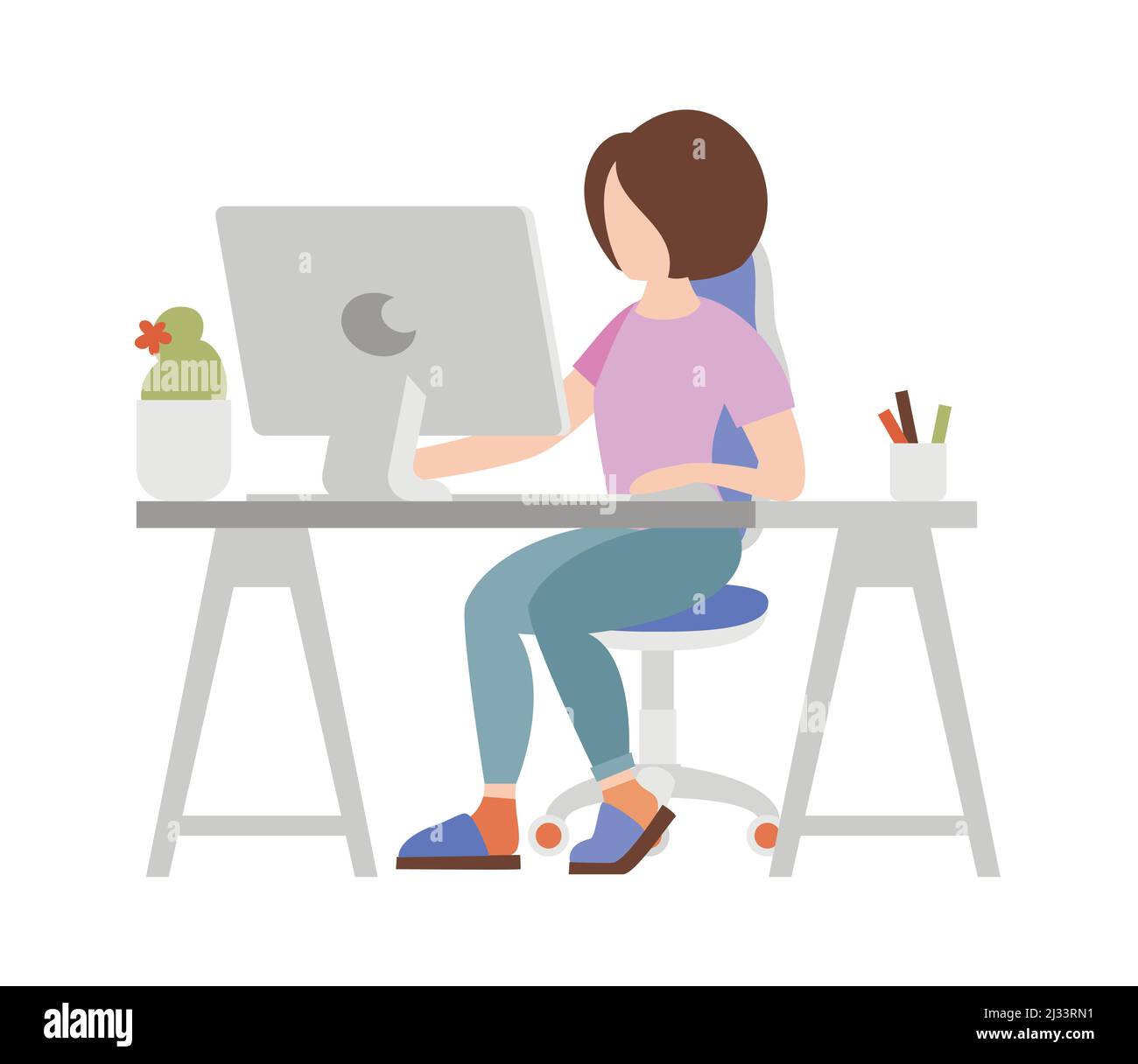 People weekend concept - woman working on computer on white background, flat vector illustration Stock Vector