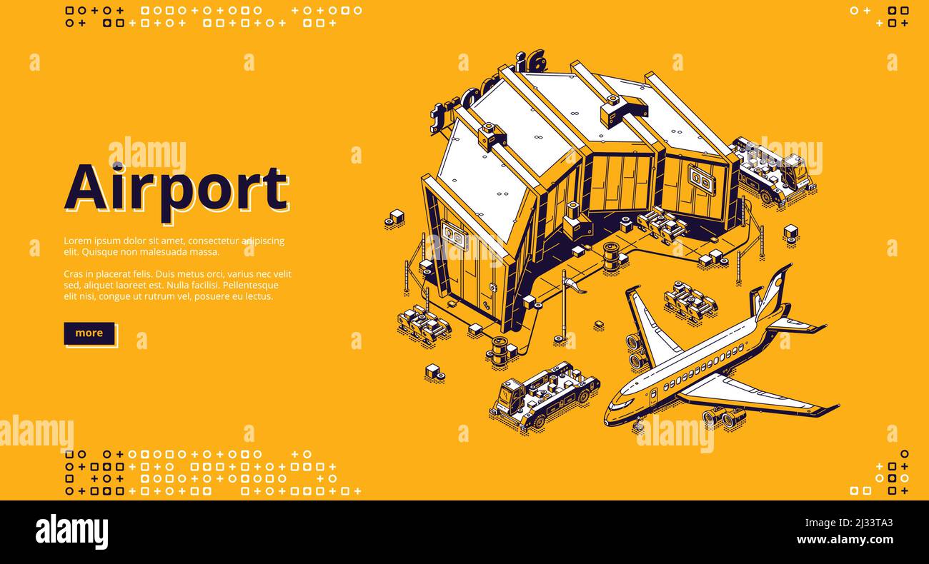 Airport terminal and airplane isometric landing page. Plane near
