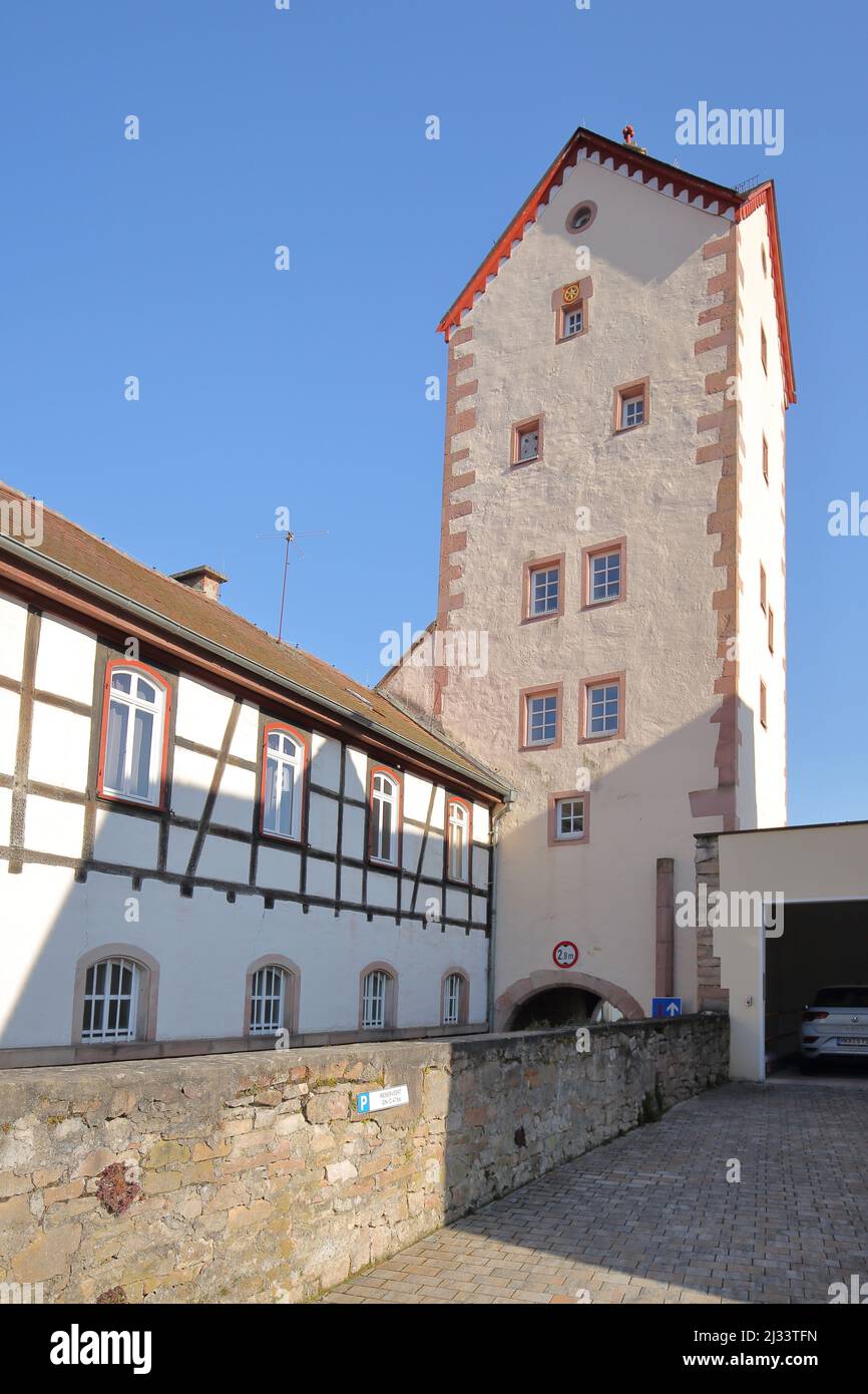 Historical upper gate with city wall in Bad Orb, Hesse, Germany Stock Photo