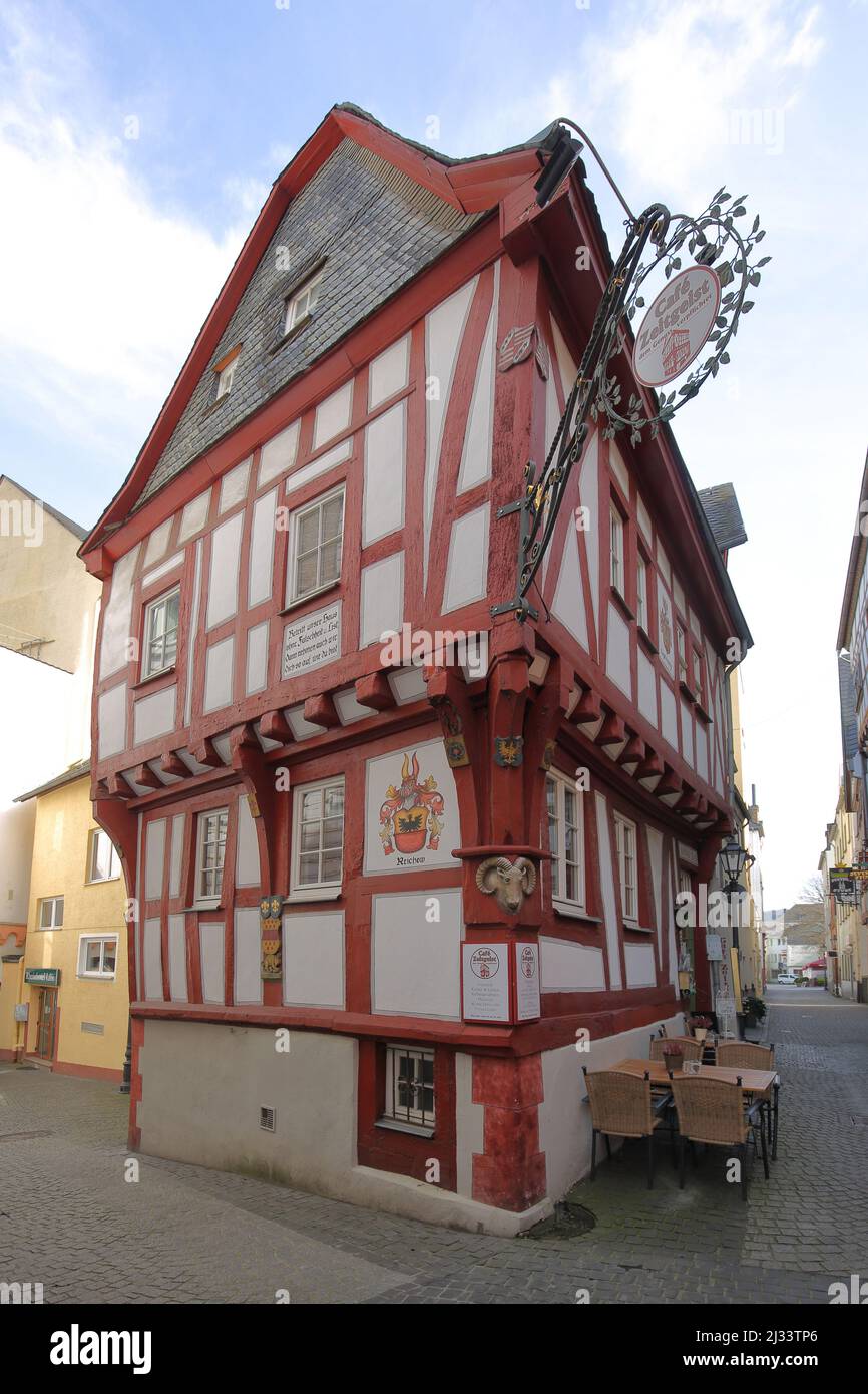 Half-timbered Cafe Zeitgeist in Boppard, Rhineland-Palatinate, Germany Stock Photo