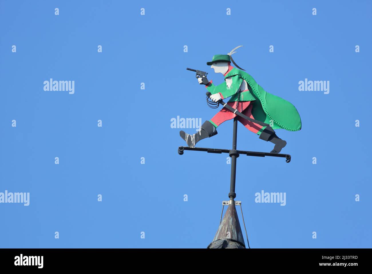 Figure of Schinderhannes as a weather vane on the Schinderhannes Tower in Simmern in the Hunsrück, Rhineland-Palatinate, Germany Stock Photo